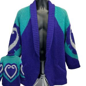 Vintage 80s Open Front Cardigan Sweater Jacket Heart Purple Green Mens M Medium